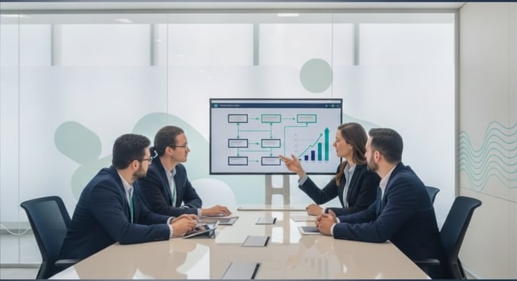 Líder apresentando estratégia e resultados para equipe executiva